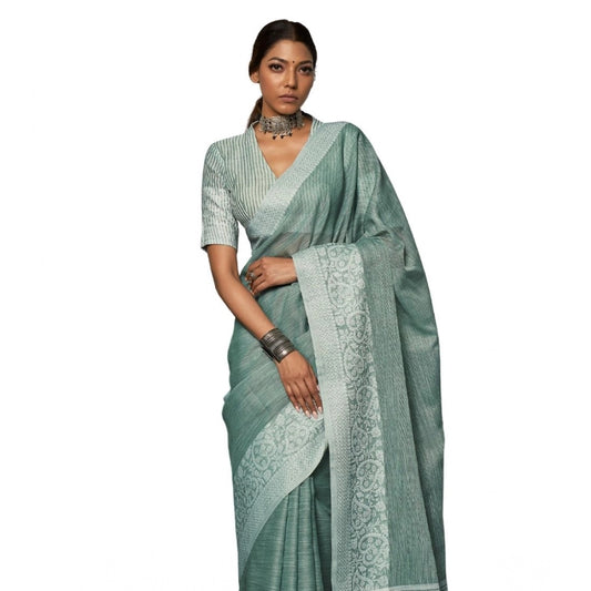 Women's Linen Printed Saree With Unstitched Blouse 5.5mtr (sea Green) | Women Signature Collection