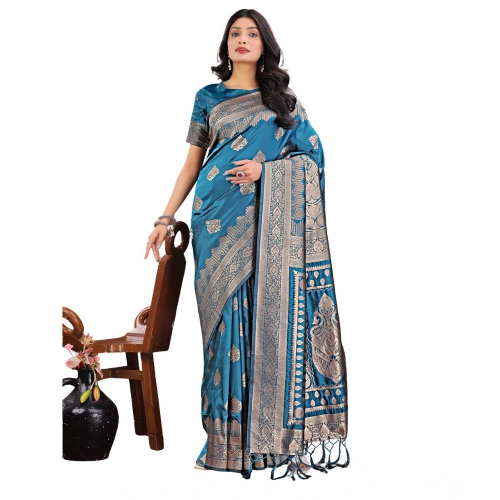 Women's Silk Printed Saree With Unstitched Blouse 5.5mtr (teal) | Women Signature Collection