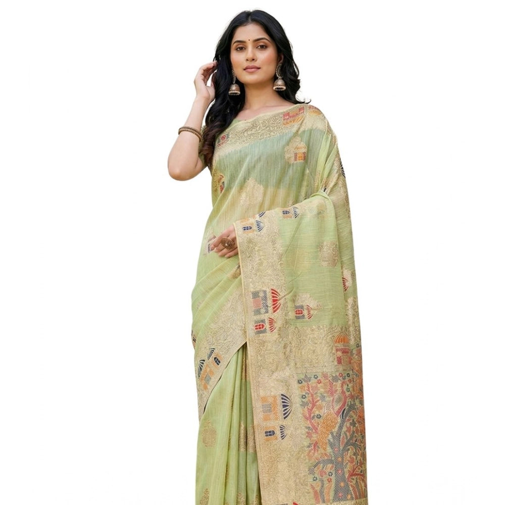 Women's Linen Cotton Printed Saree With Unstitched Blouse 5.5mtr (light Green) | Women Signature Collection