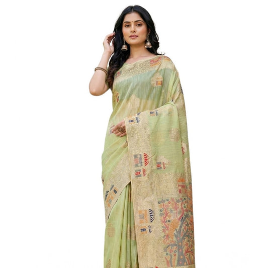Women's Linen Cotton Printed Saree With Unstitched Blouse 5.5mtr (light Green) | Women Signature Collection