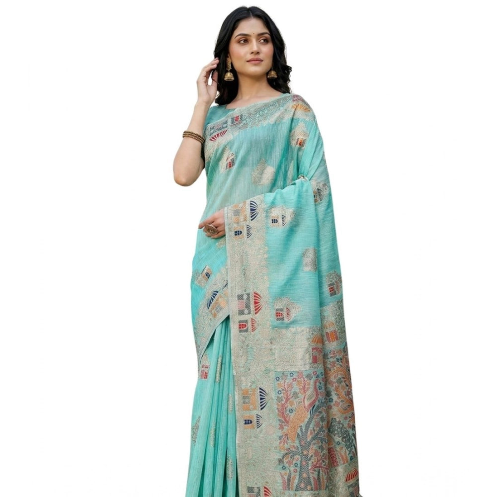 Women's Linen Cotton Printed Saree With Unstitched Blouse 5.5mtr (sky Blue) | Women Signature Collection