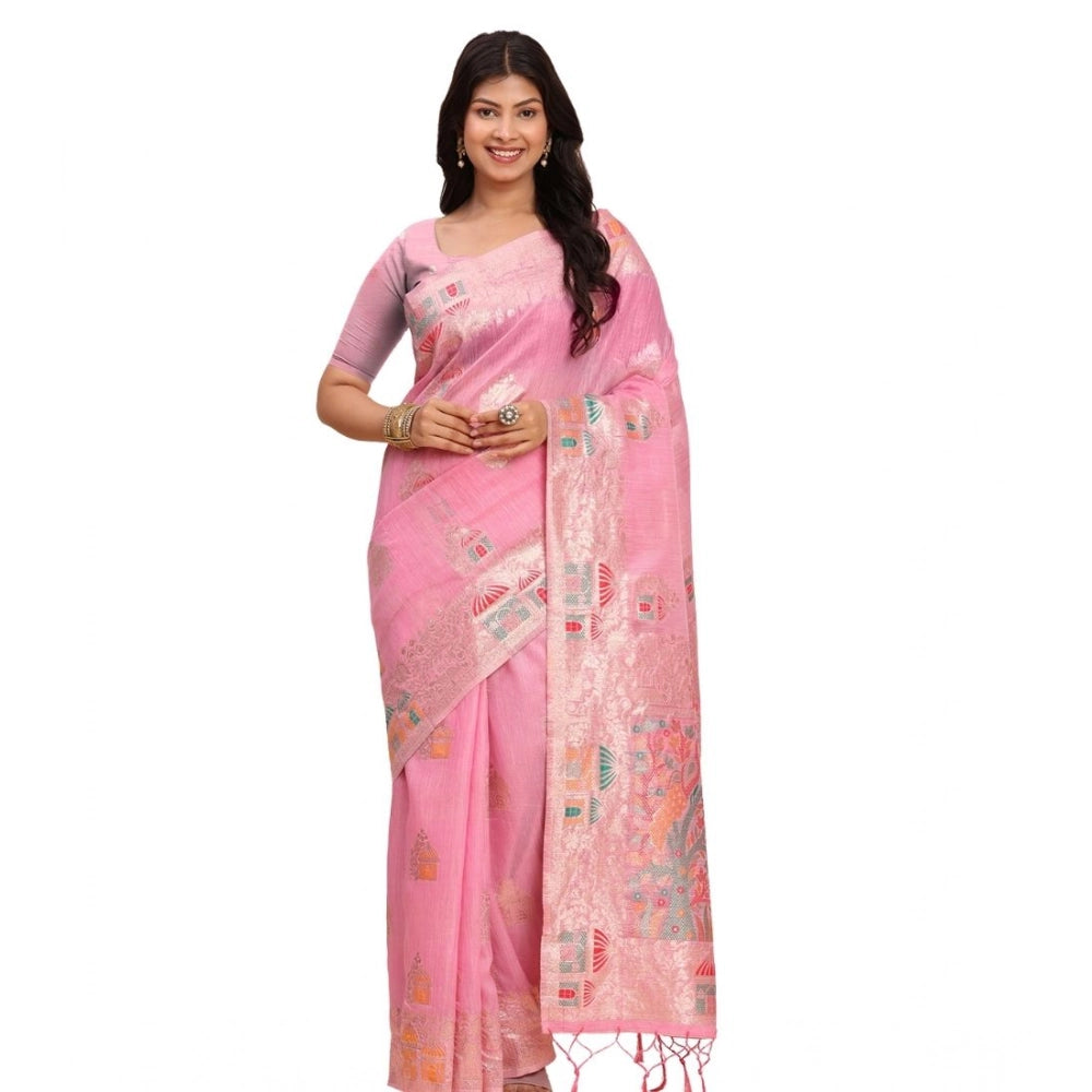 Women's Linen Cotton Printed Saree With Unstitched Blouse 5.5mtr (pink) | Women Signature Collection