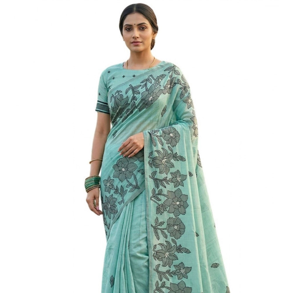 Women's Linen Cotton Printed Saree With Unstitched Blouse 5.5mtr (sea Green) | Women Signature Collection