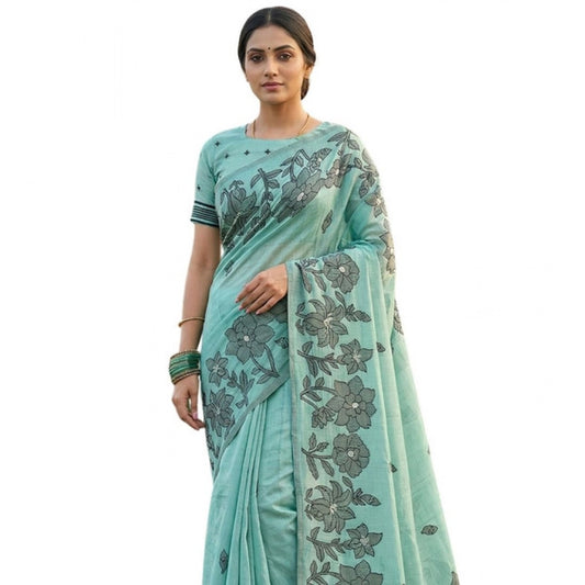 Women's Linen Cotton Printed Saree With Unstitched Blouse 5.5mtr (sea Green) | Women Signature Collection