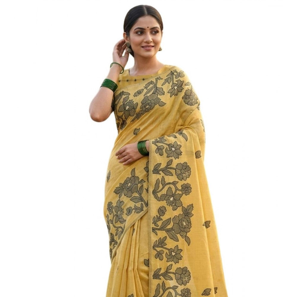 Women's Linen Cotton Printed Saree With Unstitched Blouse 5.5mtr (yellow) | Women Signature Collection