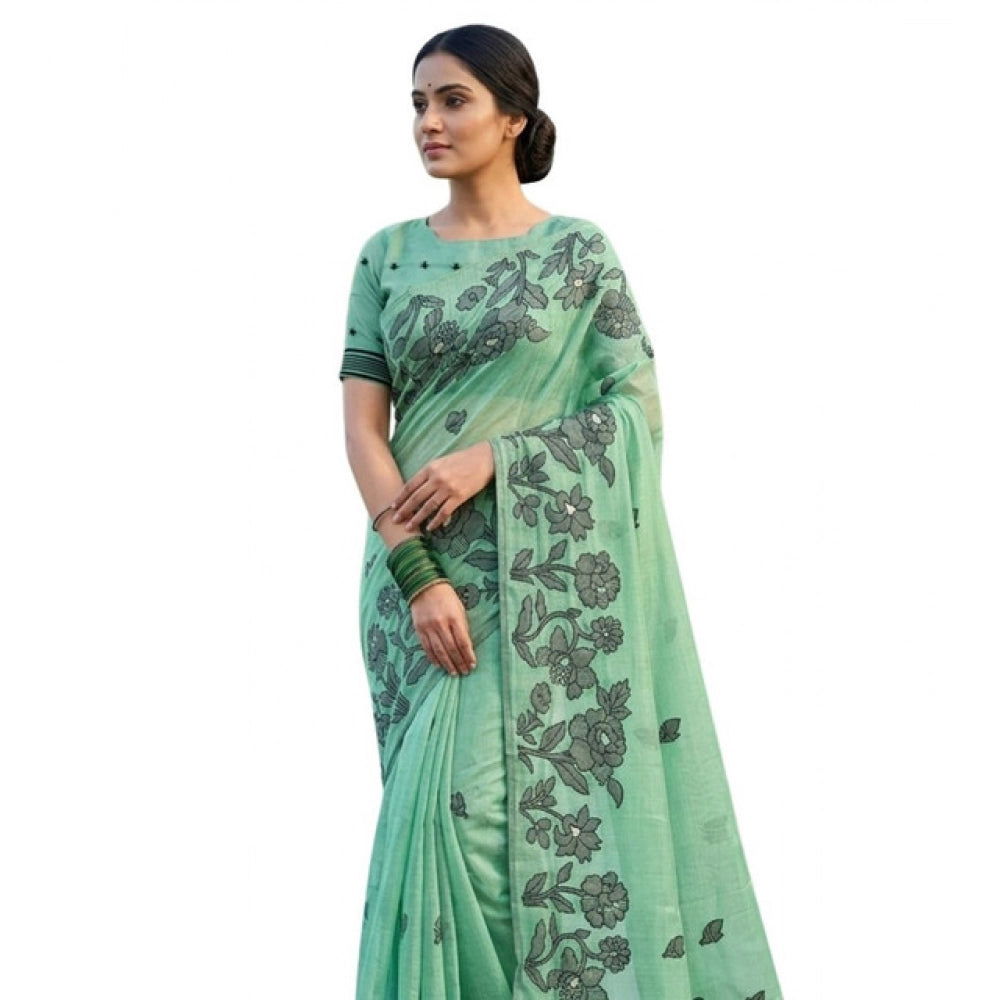 Women's Linen Cotton Printed Saree With Unstitched Blouse 5.5mtr (rama Green) | Women Signature Collection