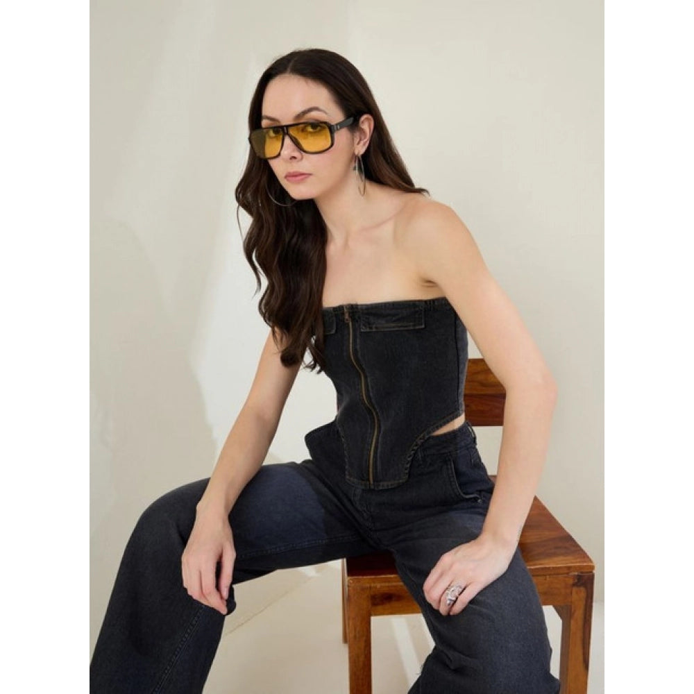 Women's Denim Lycra Solid Sleeveless Top (black) | Women Signature Collection