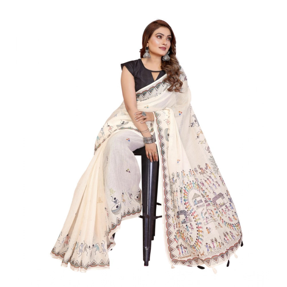Women's Linen Cotton Printed Saree With Unstitched Blouse 5.5mtr (off White) | Women Signature Collection