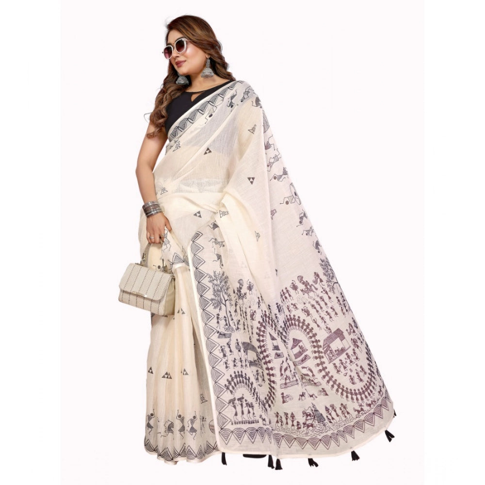 Women's Linen Cotton Printed Saree With Unstitched Blouse 5.5mtr (off White) | Women Signature Collection