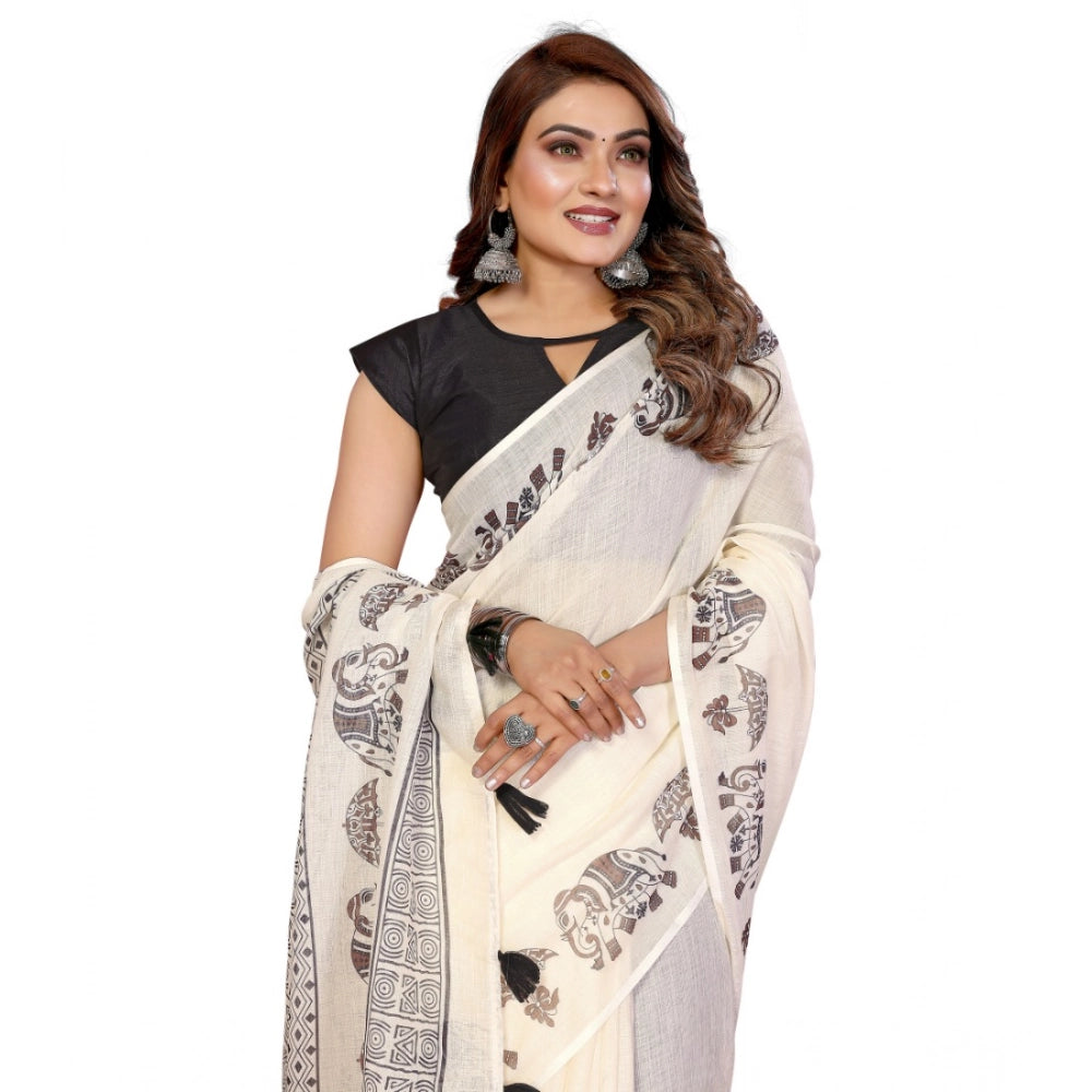 Women's Linen Cotton Printed Saree With Unstitched Blouse 5.5mtr (off White) | Women Signature Collection