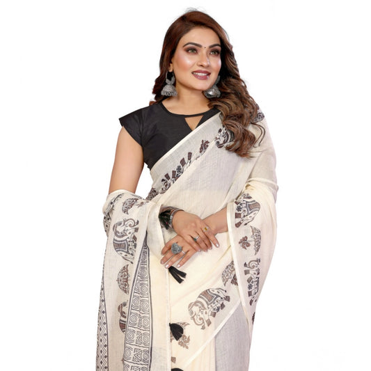 Women's Linen Cotton Printed Saree With Unstitched Blouse 5.5mtr (off White) | Women Signature Collection