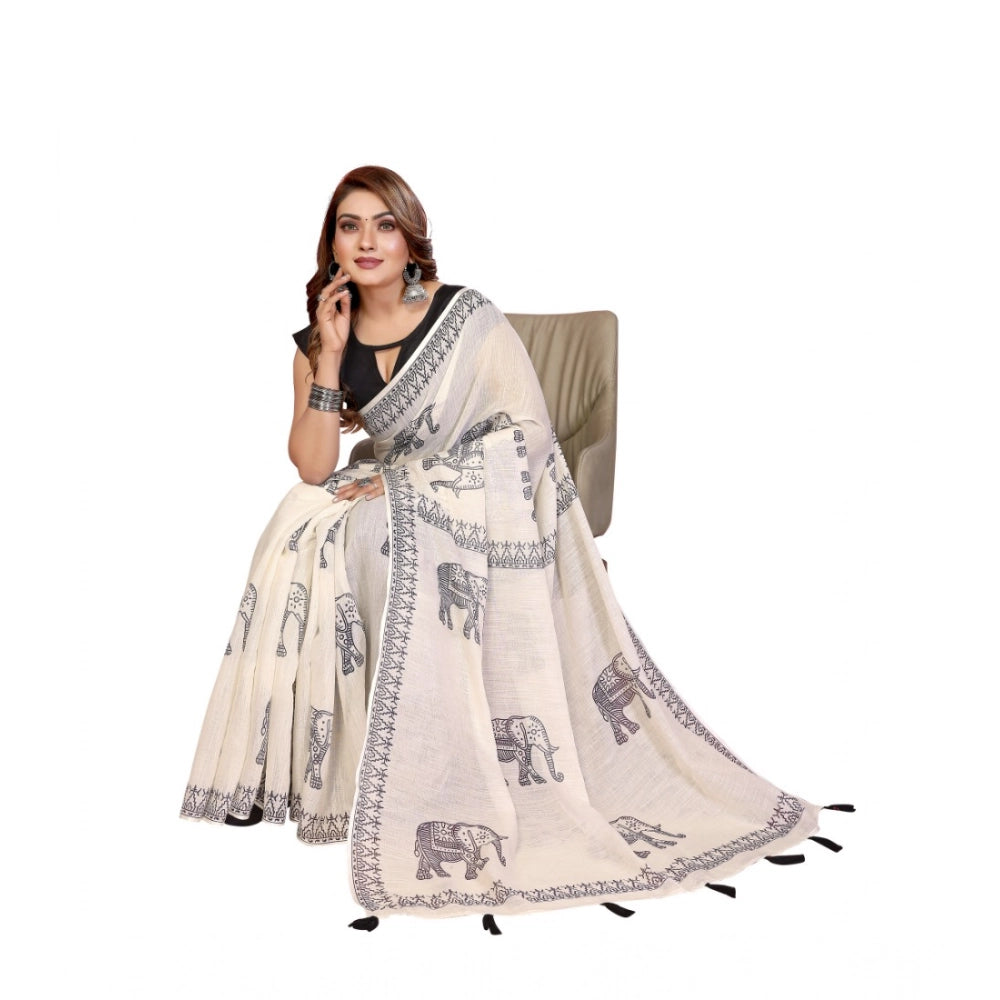 Women's Linen Cotton Printed Saree With Unstitched Blouse 5.5mtr (off White) | Women Signature Collection