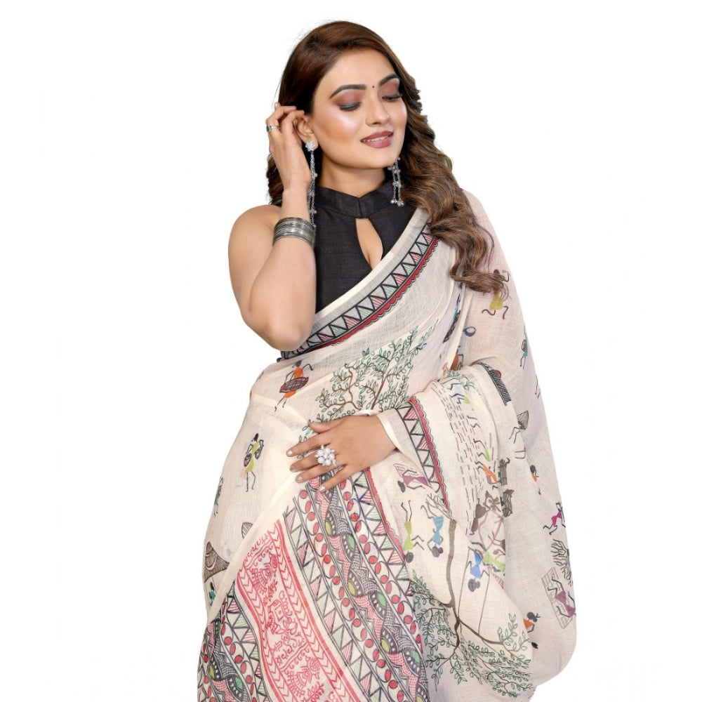 Women's Linen Cotton Printed Saree With Unstitched Blouse 5.5mtr (off White) | Women Signature Collection