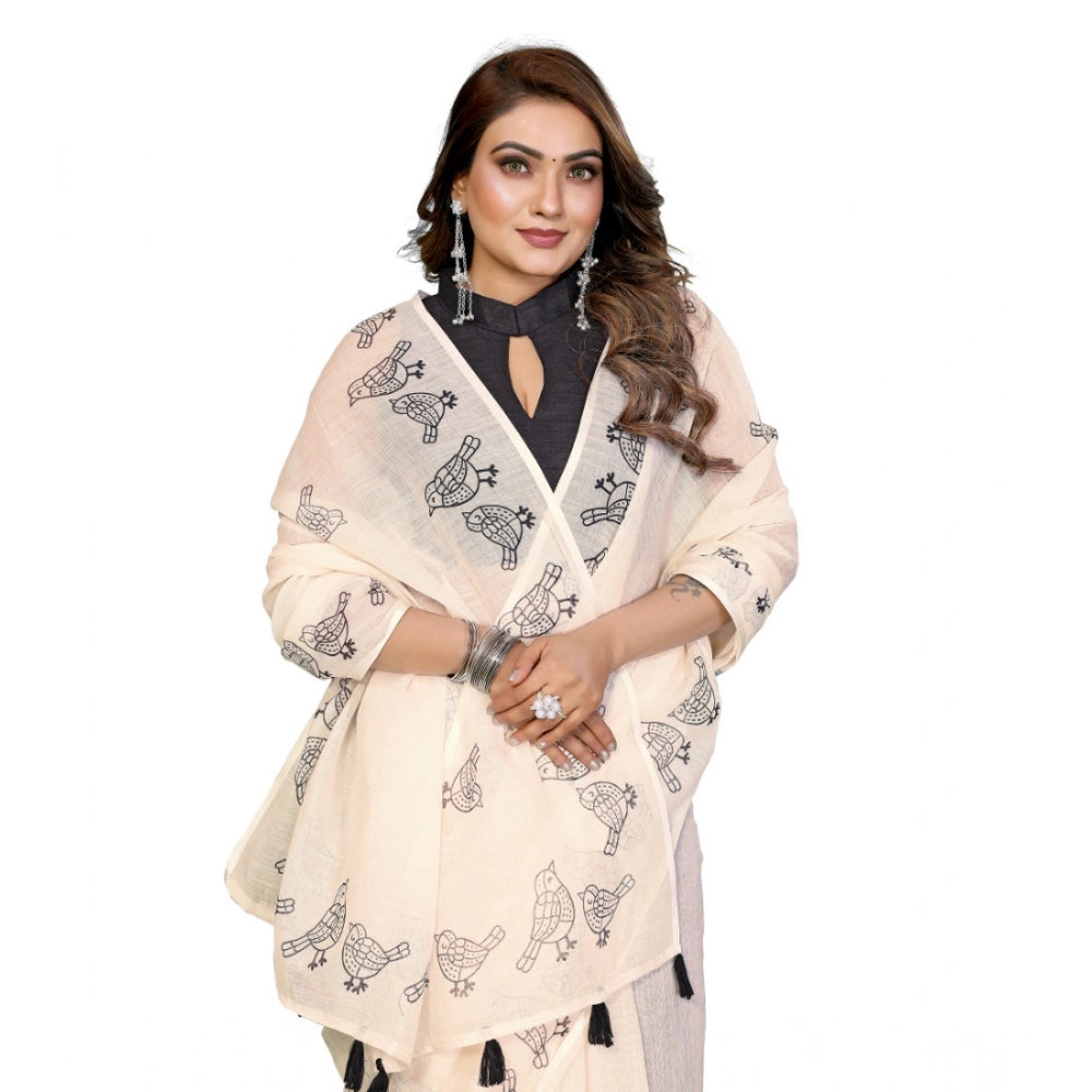 Women's Linen Cotton Printed Saree With Unstitched Blouse 5.5mtr (off White) | Women Signature Collection