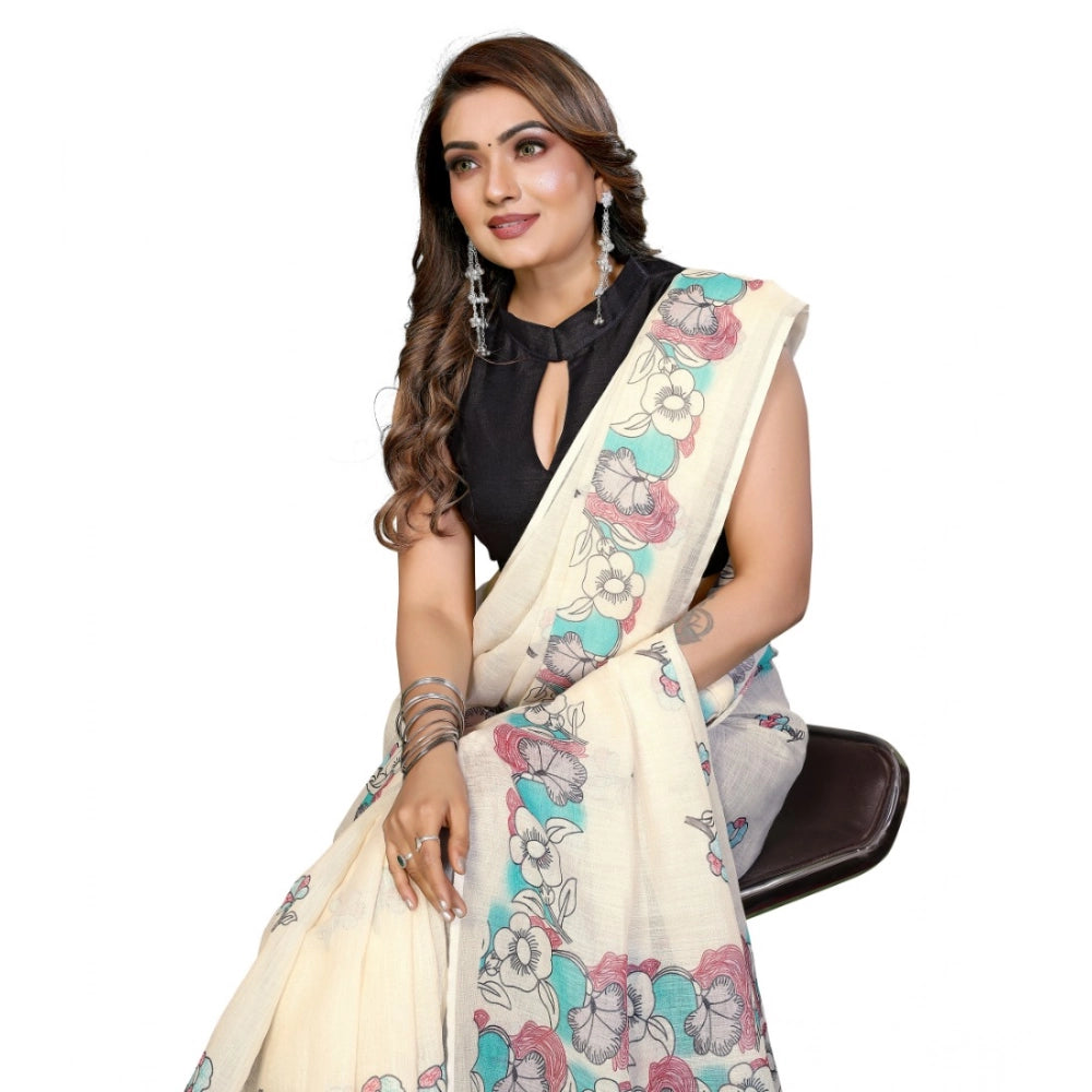 Women's Linen Cotton Printed Saree With Unstitched Blouse 5.5mtr (off White) | Women Signature Collection