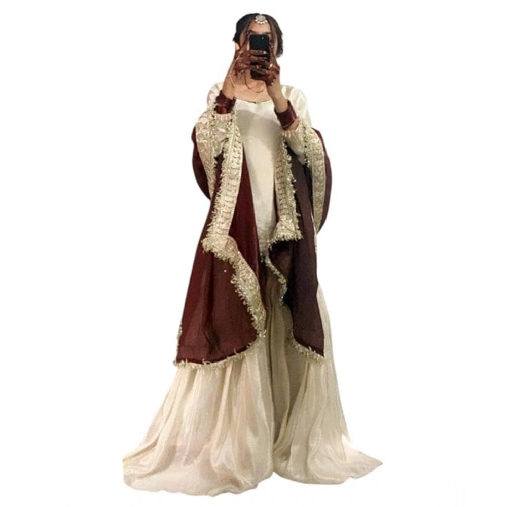 Women's Silk Embroidered 3/4th Sleeve V Neck Kurti With Sharara Pant And Dupatta Set (cream &amp; Brown) | Women Signature Collection