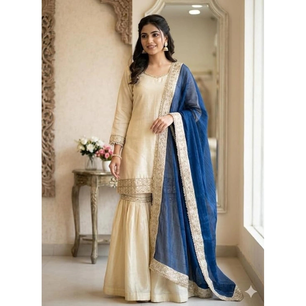 Women's Silk Embroidered 3/4th Sleeve V Neck Kurti With Sharara Pant And Dupatta Set (cream &amp; Blue) | Women Signature Collection