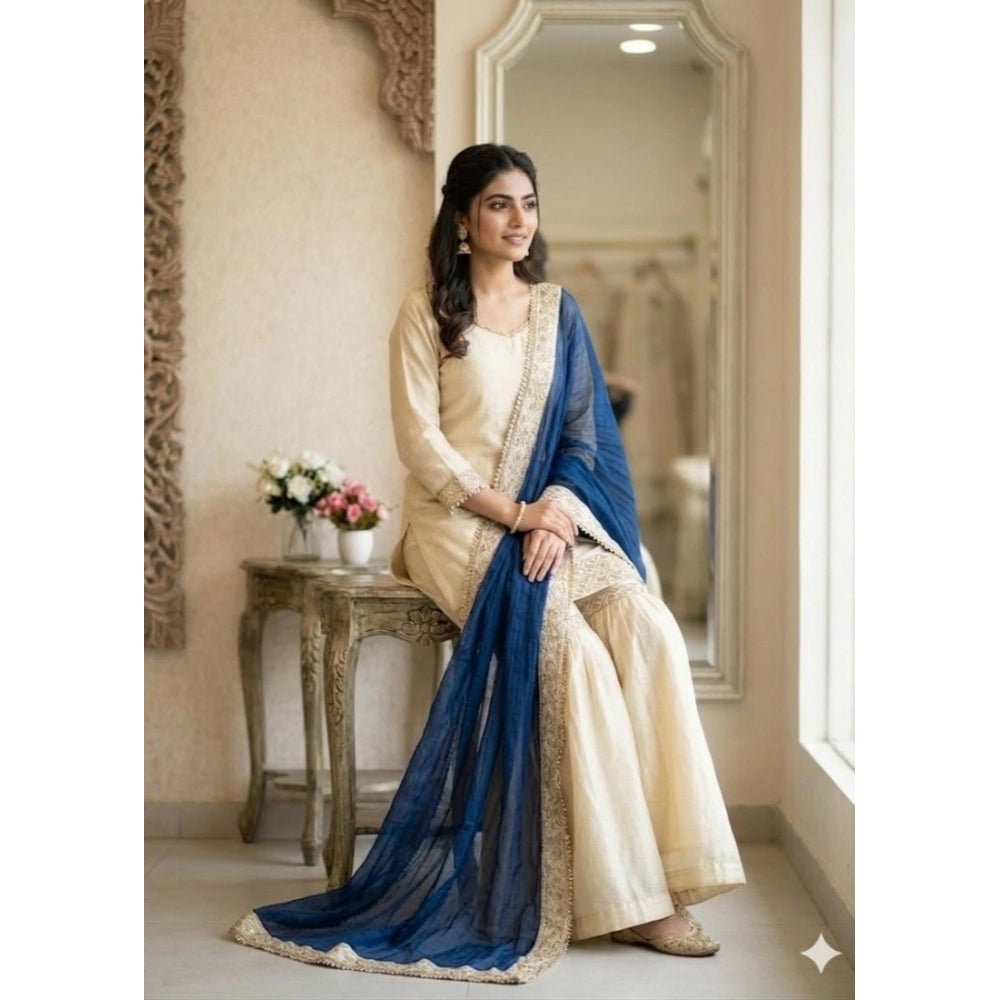 Women's Silk Embroidered 3/4th Sleeve V Neck Kurti With Sharara Pant And Dupatta Set (cream &amp; Blue) | Women Signature Collection