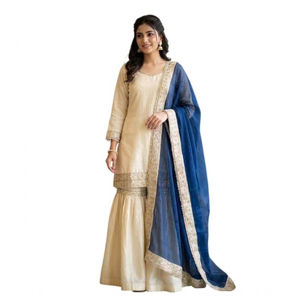 Women's Silk Embroidered 3/4th Sleeve V Neck Kurti With Sharara Pant And Dupatta Set (cream &amp; Blue) | Women Signature Collection