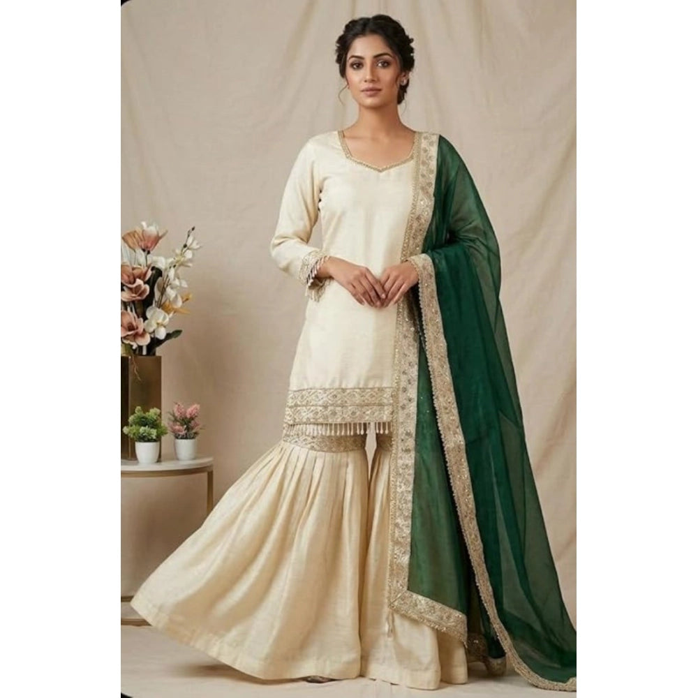 Women's Silk Embroidered 3/4th Sleeve V Neck Kurti With Sharara Pant And Dupatta Set (cream &amp; Bottle Green) | Women Signature Collection