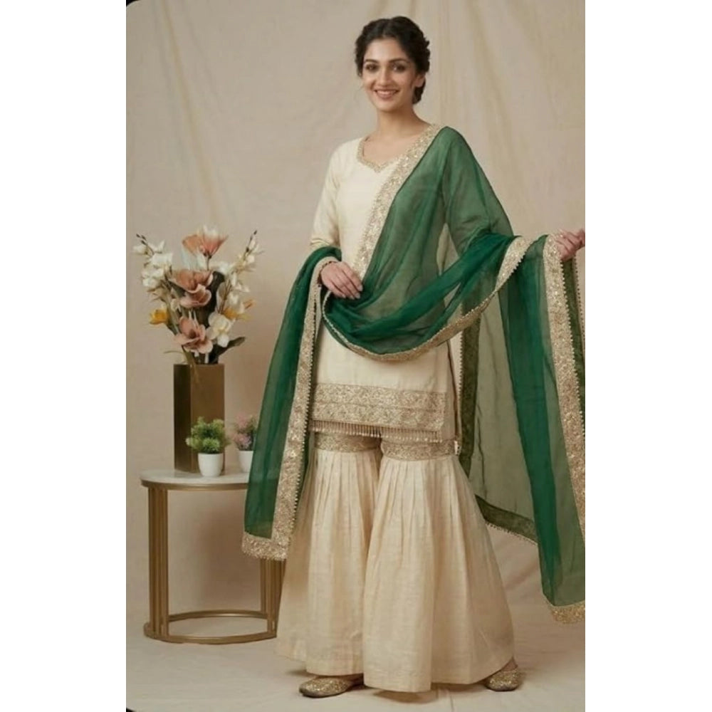 Women's Silk Embroidered 3/4th Sleeve V Neck Kurti With Sharara Pant And Dupatta Set (cream &amp; Bottle Green) | Women Signature Collection