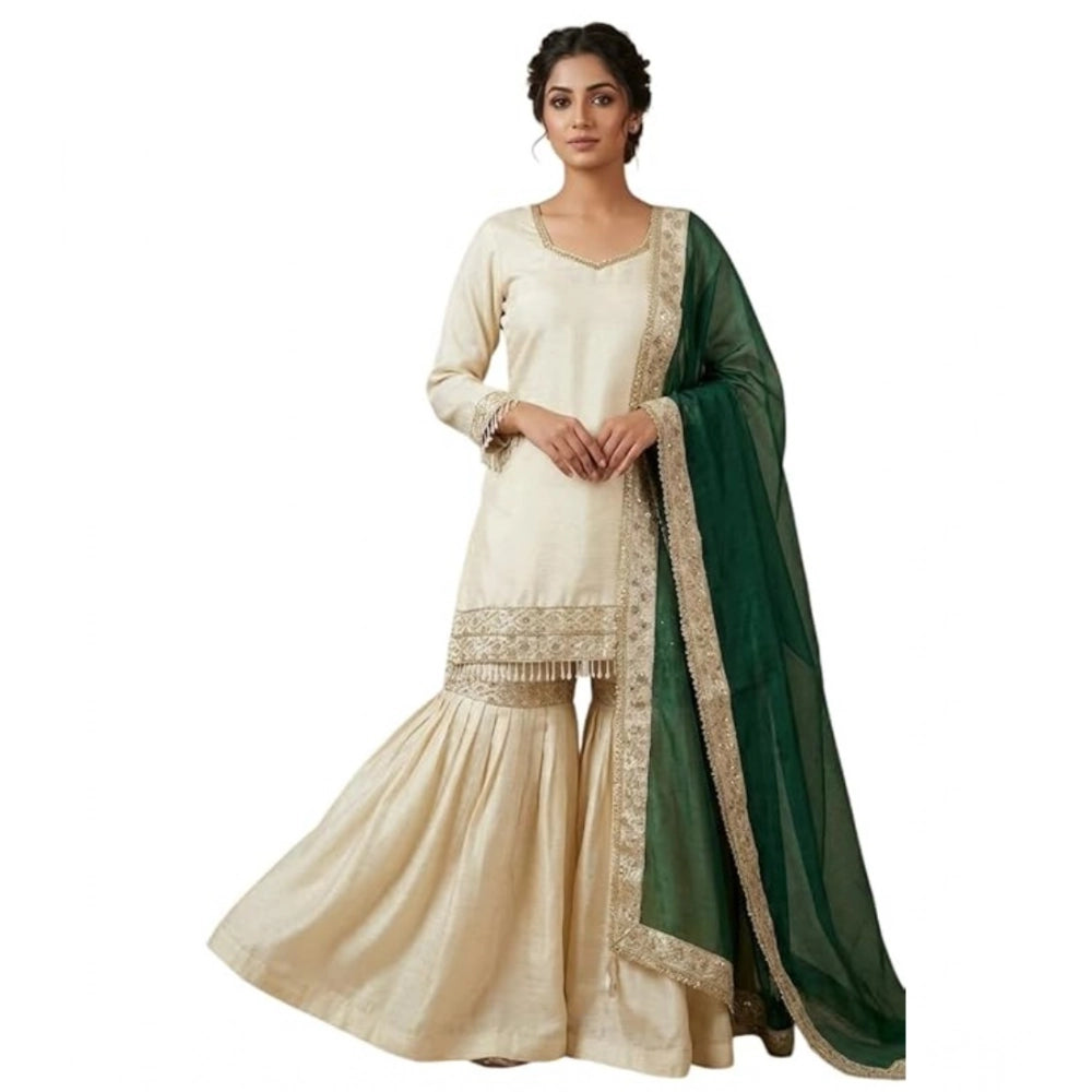 Women's Silk Embroidered 3/4th Sleeve V Neck Kurti With Sharara Pant And Dupatta Set (cream &amp; Bottle Green) | Women Signature Collection
