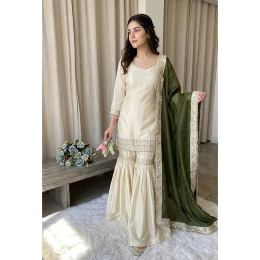Women's Silk Embroidered 3/4th Sleeve V Neck Kurti With Sharara Pant And Dupatta Set (cream &amp; Green) | Women Signature Collection