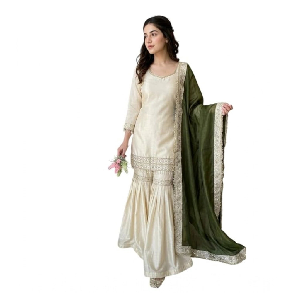 Women's Silk Embroidered 3/4th Sleeve V Neck Kurti With Sharara Pant And Dupatta Set (cream &amp; Green) | Women Signature Collection