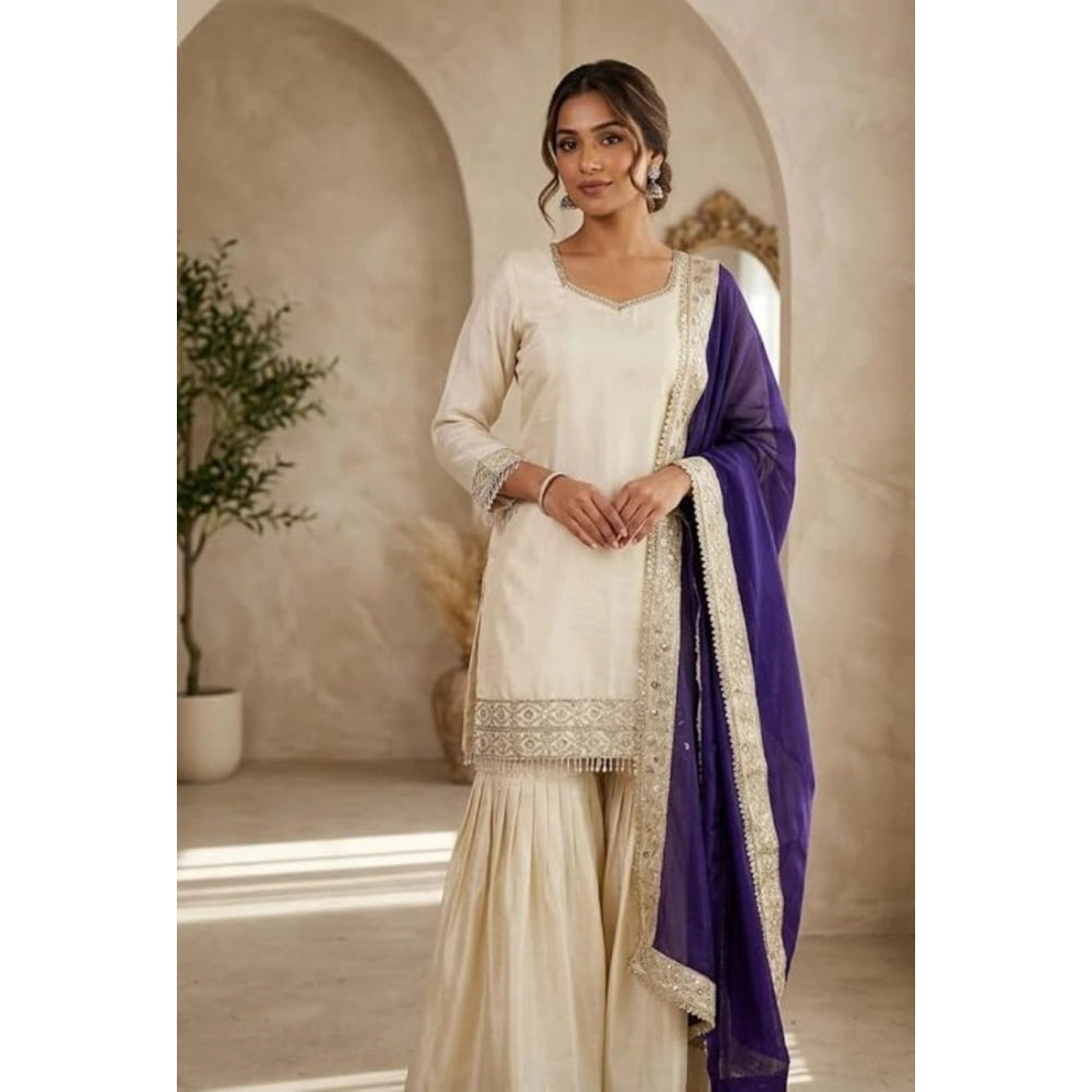 Women's Silk Embroidered 3/4th Sleeve V Neck Kurti With Sharara Pant And Dupatta Set (cream &amp; Purple) | Women Signature Collection