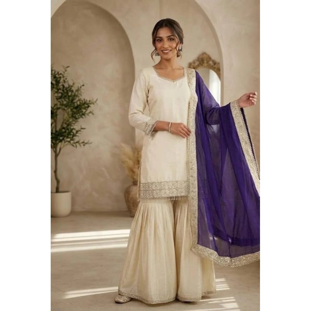 Women's Silk Embroidered 3/4th Sleeve V Neck Kurti With Sharara Pant And Dupatta Set (cream &amp; Purple) | Women Signature Collection