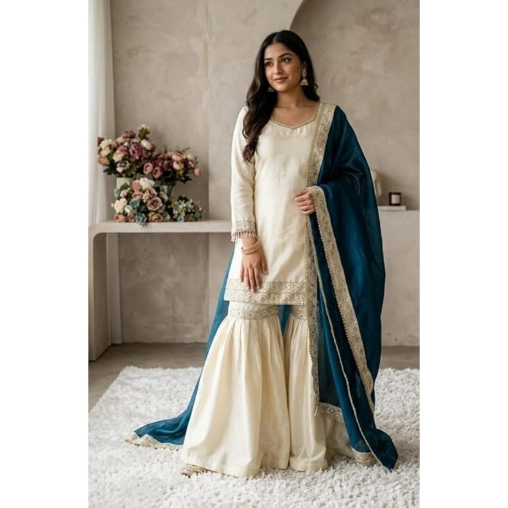 Women's Silk Embroidered 3/4th Sleeve V Neck Kurti With Sharara Pant And Dupatta Set (cream &amp; Teal) | Women Signature Collection