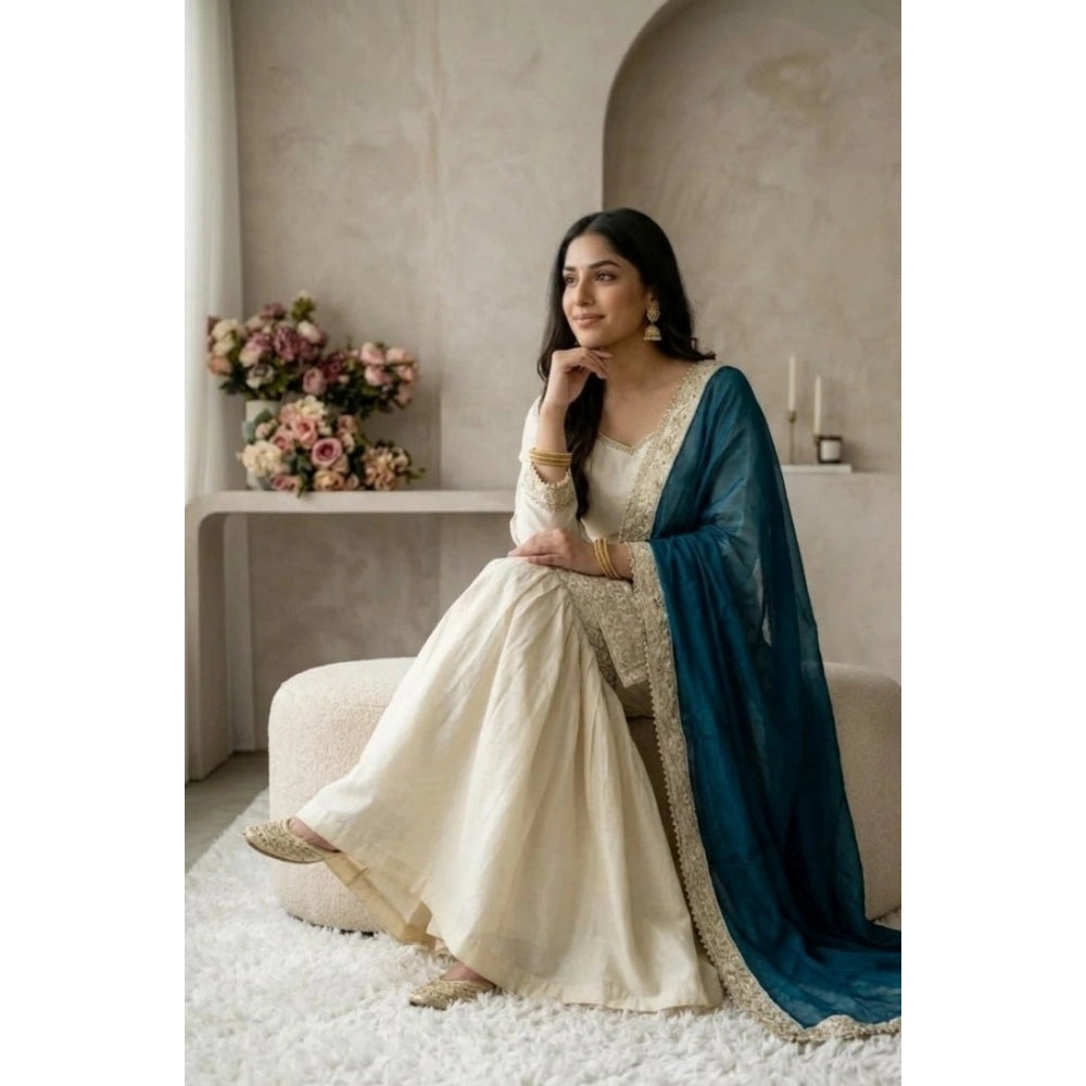 Women's Silk Embroidered 3/4th Sleeve V Neck Kurti With Sharara Pant And Dupatta Set (cream &amp; Teal) | Women Signature Collection