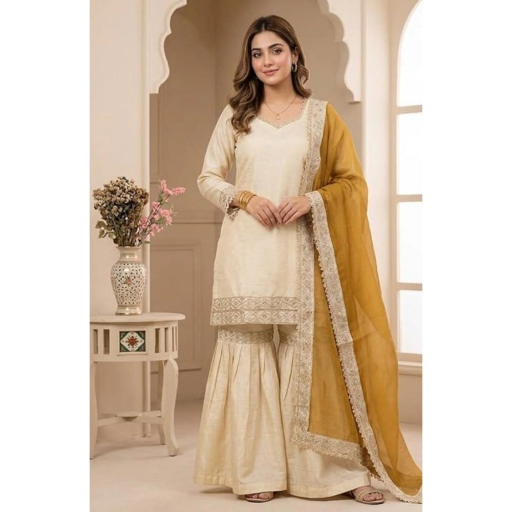 Women's Silk Embroidered 3/4th Sleeve V Neck Kurti With Sharara Pant And Dupatta Set (cream &amp; Yellow) | Women Signature Collection
