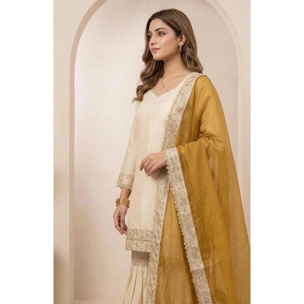 Women's Silk Embroidered 3/4th Sleeve V Neck Kurti With Sharara Pant And Dupatta Set (cream &amp; Yellow) | Women Signature Collection