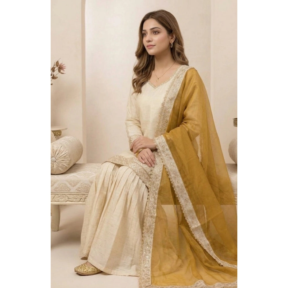 Women's Silk Embroidered 3/4th Sleeve V Neck Kurti With Sharara Pant And Dupatta Set (cream &amp; Yellow) | Women Signature Collection