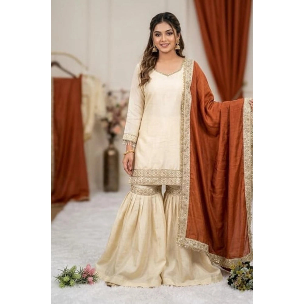 Women's Silk Embroidered 3/4th Sleeve V Neck Kurti With Sharara Pant And Dupatta Set (cream &amp; Orange) | Women Signature Collection