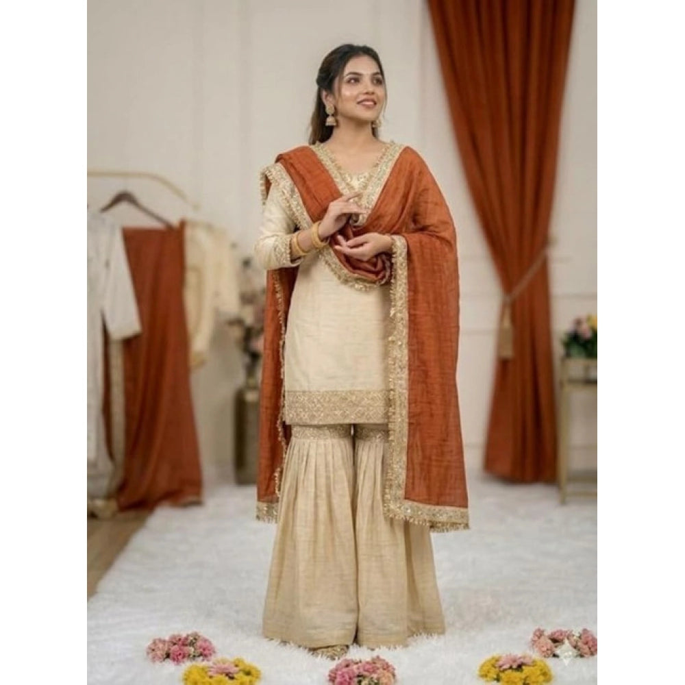 Women's Silk Embroidered 3/4th Sleeve V Neck Kurti With Sharara Pant And Dupatta Set (cream &amp; Orange) | Women Signature Collection