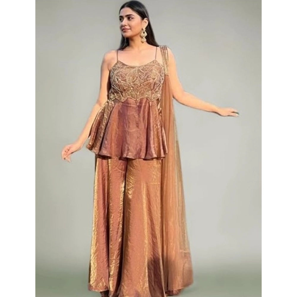 Women's Silk Embroidered Sleeveless Round Kurti With Palazzo Pant And Dupatta Set (brown) | Women Signature Collection