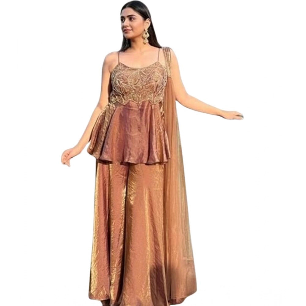 Women's Silk Embroidered Sleeveless Round Kurti With Palazzo Pant And Dupatta Set (brown) | Women Signature Collection