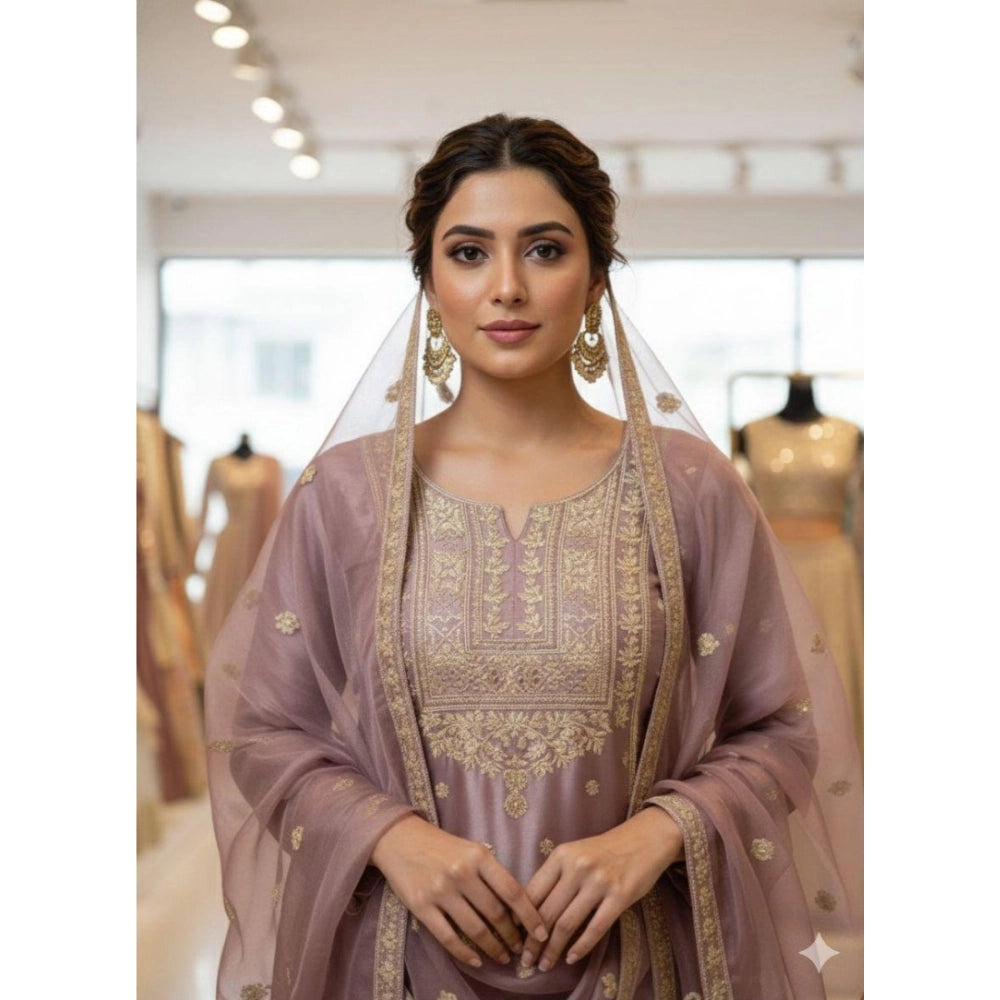 Women's Silk Embroidered 3/4th Sleeve Round Kurti With Sharara Pant And Dupatta Set (purple) | Women Signature Collection