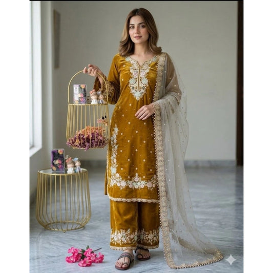 Women's Silk Embroidered 3/4th Sleeve Round Kurti With Palazzo Pant And Dupatta Set (gold) | Women Signature Collection