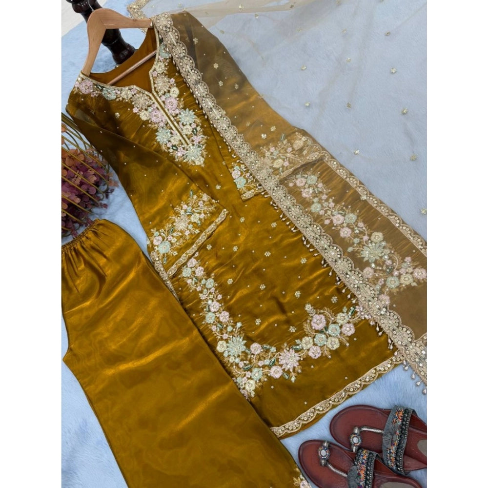 Women's Silk Embroidered 3/4th Sleeve Round Kurti With Palazzo Pant And Dupatta Set (gold) | Women Signature Collection