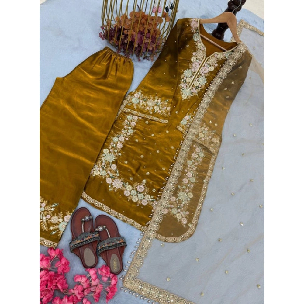 Women's Silk Embroidered 3/4th Sleeve Round Kurti With Palazzo Pant And Dupatta Set (gold) | Women Signature Collection