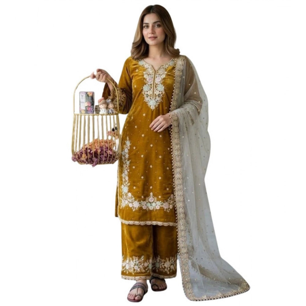 Women's Silk Embroidered 3/4th Sleeve Round Kurti With Palazzo Pant And Dupatta Set (gold) | Women Signature Collection
