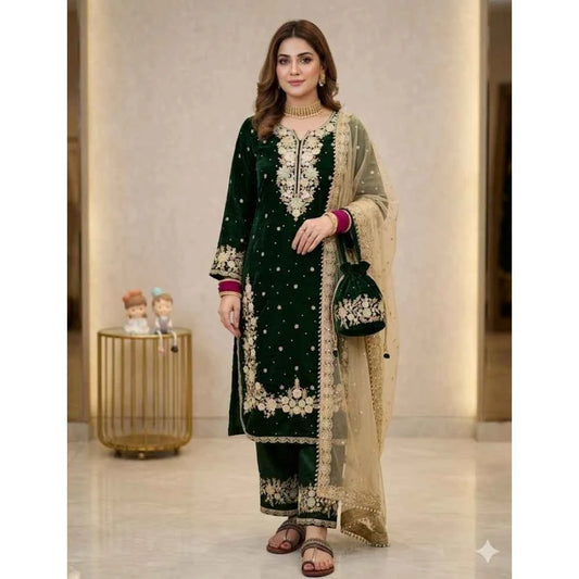 Forest Naya Silk Embroidered 3/4 Sleeve Round Kurti with Palazzo Pant & Dupatta Set
