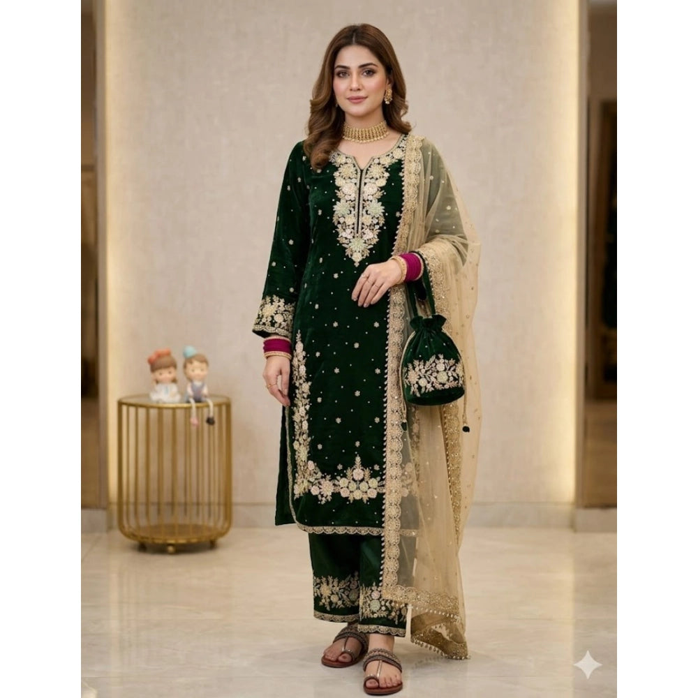 Women's Silk Embroidered 3/4th Sleeve Round Kurti With Palazzo Pant And Dupatta Set (dark Green) | Women Signature Collection