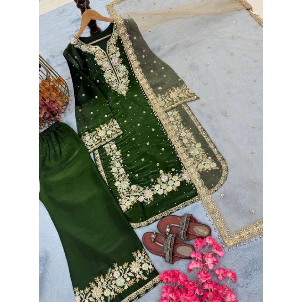 Women's Silk Embroidered 3/4th Sleeve Round Kurti With Palazzo Pant And Dupatta Set (dark Green) | Women Signature Collection
