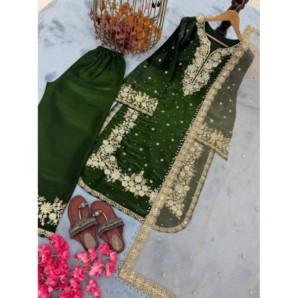 Women's Silk Embroidered 3/4th Sleeve Round Kurti With Palazzo Pant And Dupatta Set (dark Green) | Women Signature Collection
