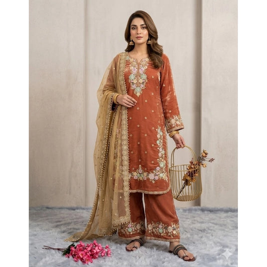 Women's Silk Embroidered 3/4th Sleeve Round Kurti With Palazzo Pant And Dupatta Set (orange) | Women Signature Collection