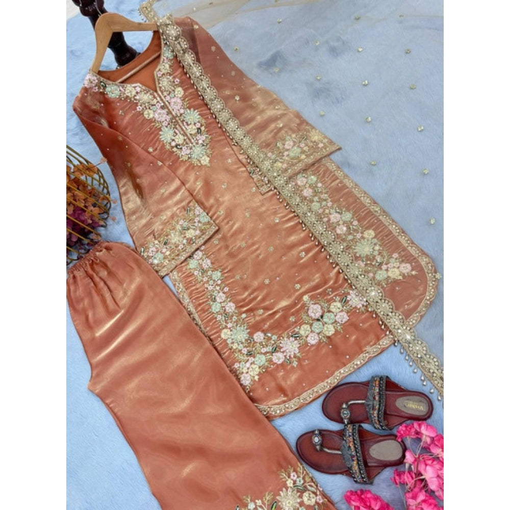 Women's Silk Embroidered 3/4th Sleeve Round Kurti With Palazzo Pant And Dupatta Set (orange) | Women Signature Collection
